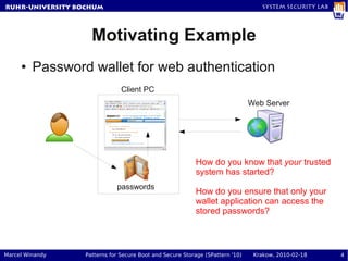 RuhR-University Bochum                                                           System Security Lab




                   Motivating Example
     ●   Password wallet for web authentication
                              Client PC
                                                                              Web Server




                                                         How do you know that your trusted
                                                         system has started?
                            passwords
                                                         How do you ensure that only your
                                                         wallet application can access the
                                                         stored passwords?



Marcel Winandy   Patterns for Secure Boot and Secure Storage (SPattern '10)    Krakow, 2010-02-18      4
 