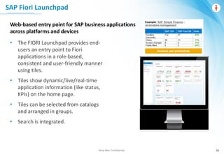 Wise Men Confidential
Web-based entry point for SAP business applications
across platforms and devices
• The FIORI Launchpad provides end-
users an entry point to Fiori
applications in a role-based,
consistent and user-friendly manner
using tiles.
• Tiles show dynamic/live/real-time
application information (like status,
KPIs) on the home page.
• Tiles can be selected from catalogs
and arranged in groups.
• Search is integrated.
SAP Fiori Launchpad
36
 