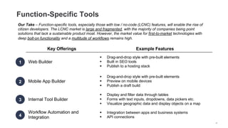 Function-Specific Tools
Our Take – Function-specific tools, especially those with low / no-code (LCNC) features, will enable the rise of
citizen developers. The LCNC market is large and fragmented, with the majority of companies being point
solutions that lack a sustainable product moat. However, the market value for first-to-market technologies with
deep bolt-on functionality and a multitude of workflows remains high.
Key Offerings Example Features
Web Builder
§ Drag-and-drop style with pre-built elements
§ Built in SEO tools
§ Publish to a hosting stack
Mobile App Builder
§ Drag-and-drop style with pre-built elements
§ Preview on mobile devices
§ Publish a draft build
Internal Tool Builder
§ Display and filter data through tables
§ Forms with text inputs, dropdowns, data pickers etc.
§ Visualize geographic data and display objects on a map
Workflow Automation and
Integration
§ Integration between apps and business systems
§ API connections
1
2
3
4
41
 