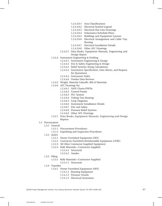 1.2.4.3.6.1 Area Classifications
1.2.4.3.6.2 Electrical Symbol Legend
1.2.4.3.6.3 Electrical One-Line Drawings
1.2.4.3.6.4 Schematics/Schedule/Plans
1.2.4.3.6.5 Buildings and Equipment Layouts
1.2.4.3.6.6 Electrical Arrangement and Cable Tray
Routing
1.2.4.3.6.7 Electrical Installation Details
1.2.4.3.6.8 Other AFC Drawings
1.2.4.3.7 Data Books, Equipment Manuals, Engineering and
Design Report
1.2.4.4 Instrument Engineering & Drafting
1.2.4.4.1 Instrument Engineering & Design
1.2.4.4.2 Fire & Safety Engineering & Design
1.2.4.4.3 Relief Systems Sizing Calculations
1.2.4.4.4 Instrument Specification, Data Sheets, and Request
for Quotations
1.2.4.4.5 Instrument Index
1.2.4.4.6 Vendor Data Reviews
1.2.4.5 Weight, Material Takeoffs, Bill of Materials
1.2.4.6 AFC Drawings for:
1.2.4.6.1 SAFE Charts/PSFDs
1.2.4.6.2 Control Panels
1.2.4.6.3 PLC System
1.2.4.6.4 Tubing Tray Routing
1.2.4.6.5 Loop Diagrams
1.2.4.6.6 Instrument Installation Details
1.2.4.6.7 Fire and Safety
1.2.4.6.8 Pressure Relief Systems
1.2.4.6.9 Other AFC Drawings
1.2.4.7 Data Books, Equipment Manuals, Engineering and Design
Reports
1.3 Procurement
1.3.1 General
1.3.1.1 Procurement Procedures
1.3.1.2 Expediting and Inspection Procedures
1.3.2 Jacket
1.3.2.1 Owner Furnished Equipment (OFE)
1.3.2.2 Contractor Furnished Reimbursable Equipment (CFRE)
1.3.2.3 All Other Contractor Supplied Equipment
1.3.2.4 Bulk Materials—Contractor Supplied
1.3.2.4.1 Structural
1.3.2.4.2 Anodes
1.3.3 Piling
1.3.3.1 Bulk Materials—Contractor Supplied
1.3.3.1.1 Structural
1.3.4 Topsides
1.3.4.1 Owner Furnished Equipment (OFE)
1.3.4.1.1 Rotating Equipment
1.3.4.1.2 Pressure Vessels
1.3.4.1.3 Electrical Generation
©2006 Project Management Institute, Four Campus Boulevard, Newtown Square, PA 19073-3299 USA 67
92312$CH10 09-08-06 04:45:28
 