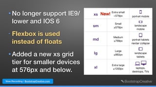 View Recording / BootstrapCreative.com
• No longer support IE9/
lower and IOS 6
• Flexbox is used
instead of ﬂoats
• Added a new xs grid
tier for smaller devices
at 576px and below.
New!
 