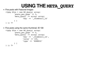 USING THE META_QUERY
Five posts with Featured Images
<?php $foo = new WP_Query( array(
        'posts_per_page' => 5,
        'meta_query' => array( array(
                'key' => '_thumbnail_id'
        ) )
) ); ?>

Five posts using the same thumbnail, ID 100
<?php $foo = new WP_Query( array(
        'posts_per_page' => 5,
        'meta_query' => array( array(
                'key' => '_thumbnail_id',
                'value' => 100,
                'type' => 'NUMERIC'
        ) )
) ); ?>
 