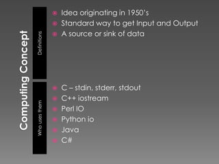    Idea originating in 1950’s
                   Standard way to get Input and Output
                    A source or sink of data
Definitions
                




                 C – stdin, stderr, stdout
                 C++ iostream
Who uses them




                 Perl IO
                 Python io
                 Java
                 C#
 