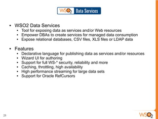    WSO2 Data Services
            Tool for exposing data as services and/or Web resources
            Empower DBAs to create services for managed data consumption
            Expose relational databases, CSV files, XLS files or LDAP data

        Features
            Declarative language for publishing data as services and/or resources
            Wizard UI for authoring
            Support for full WS-* security, reliability and more
            Caching, throttling, high availability
            High performance streaming for large data sets
            Support for Oracle RefCursors




25
 