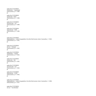Use AdventureWorksDW
Go
CREATE TABLE CUSTOMER1
(RECORD_ID INT IDENTITY PRIMARY KEY,
CUSTOMER_ID INT,
FIRST_NAME NVARCHAR(50),
MIDDLE_NAME NVARCHAR(50),
LAST_NAME NVARCHAR(50)
);
GO
CREATE TABLE CUSTOMER2
(RECORD_ID INT,
CUSTOMER_DATA XML
);
Alter table customer1
addgeographykey char(20);
Alter table customer1
add city nvarchar(30);
Alter table customer1
addstatenamenvarchar(50);
Alter table customer1
addstatecodenvarchar(3);
Alter table customer1
addcountycodenvarchar(3);
Alter table customer1
add POSTALCODE nvarchar(15);
Update customer1
set
INSERT INTO CUSTOMER1(CUSTOMER_ID, FIRST_NAME, MIDDLE_NAME,
LAST_NAME)
 
