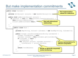 But make implementation commitments public   class  Customer { ... private  Set<Account> accounts =  new  HashSet<Account>(); public   void  addAccount(Account account) { if  (account !=  null  && ! this .accounts.contains(account)) { this .accounts.add(account); account.addAccountOwner( this ); } } ... } public   class  Bank { ... private  Map<String, Account> customers =  new  HashMap<String, Customer>(); public  Integer totalAccountBalance(String customerId) { Integer totalBalance =  null ; Customer customer =  this .customers.get(customerId); if  (customer !=  null ) { totalBalance = 0; for  (Account account: customer.accounts) { totalBalance += account.balance; } } return  totalBalance; } ... } Pick implementation classes for collections. Deal with bidirectional relationships. Choose representations for efficient computation. Decide on (generally sequential) control structuring. 