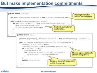 We can model that!
But make implementation commitments
public class Customer {
...
private Set<Account> accounts = new HashSet<Account>();
public void addAccount(Account account) {
if (account != null && !this.accounts.contains(account)) {
this.accounts.add(account);
account.addAccountOwner(this);
}
}
...
}
public class Customer {
...
private Set<Account> accounts = new HashSet<Account>();
public void addAccount(Account account) {
if (account != null && !this.accounts.contains(account)) {
this.accounts.add(account);
account.addAccountOwner(this);
}
}
...
} public class Bank {
...
private Map<String, Account> customers = new HashMap<String, Customer>();
public Integer totalAccountBalance(String customerId) {
Integer totalBalance = null;
Customer customer = this.customers.get(customerId);
if (customer != null) {
totalBalance = 0;
for (Account account: customer.accounts) {
totalBalance += account.balance;
}
}
return totalBalance;
}
...
}
public class Bank {
...
private Map<String, Account> customers = new HashMap<String, Customer>();
public Integer totalAccountBalance(String customerId) {
Integer totalBalance = null;
Customer customer = this.customers.get(customerId);
if (customer != null) {
totalBalance = 0;
for (Account account: customer.accounts) {
totalBalance += account.balance;
}
}
return totalBalance;
}
...
}
Pick implementation
classes for collections.
Pick implementation
classes for collections.
Deal with bidirectional
relationships.
Deal with bidirectional
relationships.
Choose representations for
efficient computation.
Choose representations for
efficient computation.
Decide on (generally sequential)
control structuring.
Decide on (generally sequential)
control structuring.
 