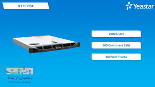 K2 IP PBX
2000 Users
400 VoIP Trunks
500 Concurrent Calls
 