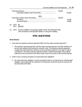 Current Liabilities and Contingencies 13 - 45
Warranty Expense ............................................................................. 63,000
Estimated Liability Under Warranties .................................... 63,000
2011
Estimated Liability Under Warranties ................................................ 28,000
Inventory................................................................................. 10,000
Accrued Payroll...................................................................... 18,000
(b) 2010 $0.
2011 $28,000.
(c) 2010 Current Liabilities—Estimated Liability Under Warranties $31,500.
(The remainder of the $63,000 liability is a long-term liability.)
IFRS QUESTIONS
Short Answer:
1. How does the expense warranty approach differ from the sales warranty approach?
1. The expense warranty approach and the sales warranty approach are both variations of
the accrual method of accounting for warranty costs. The expense warranty approach
charges the estimated future warranty costs to operating expense in the year of sale or
manufacture. The sales-warranty approach defers a certain percentage of the original
sales price until some future time when actual costs are incurred or the warranty expires.
2. When must a company recognize an asset retirement obligation?
2. An asset retirement obligation must be recognized when a company has an existing legal
obligation associated with the retirement of a long-lived asset and when the amount can
be reasonably estimated.
 