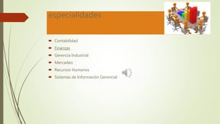 especialidades
 Contabilidad
 Finanzas
 Gerencia Industrial
 Mercadeo
 Recursos Humanos
 Sistemas de Información Gerencial
 