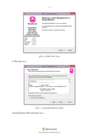 ~ 13 ~
www.programmerthailand.com
รูปที่ 10 การติดตั้ง WAMP Server
จากนั้นกดปุ่ม Next >
รูปที่ 11 การยอมรับเงื่อนไขข้อตกลงการใช้งาน
กดยอมรับเงือนไขการใช้งานแล้วกดปุ่ม Next >
 