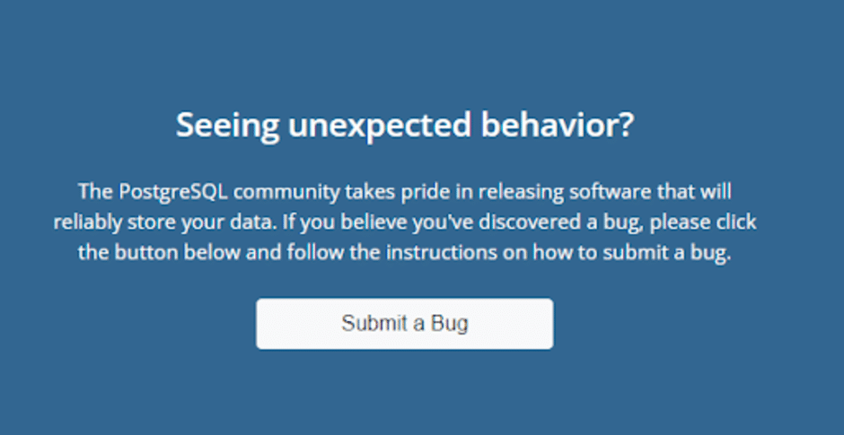 Mensagem de descoberta de bugs PostgreSQL