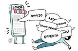 Un e-shop a forma di smatphone gigante subissa un povero utente di di informazioni che escono da lui sotto forma di fumetto. L’utente cade a terra sommerso dai fumetti con le voci: avviso, rata, countdown, offerta, bundle…