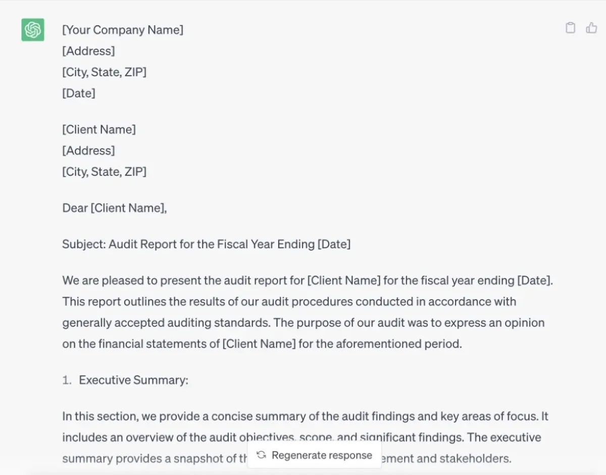 Generating audit reports with OpenAI's ChatGPT. Generating audit reports with OpenAI's ChatGPT.
