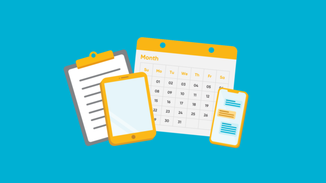 illustrated image of calendar, ipad, and other mobile devices