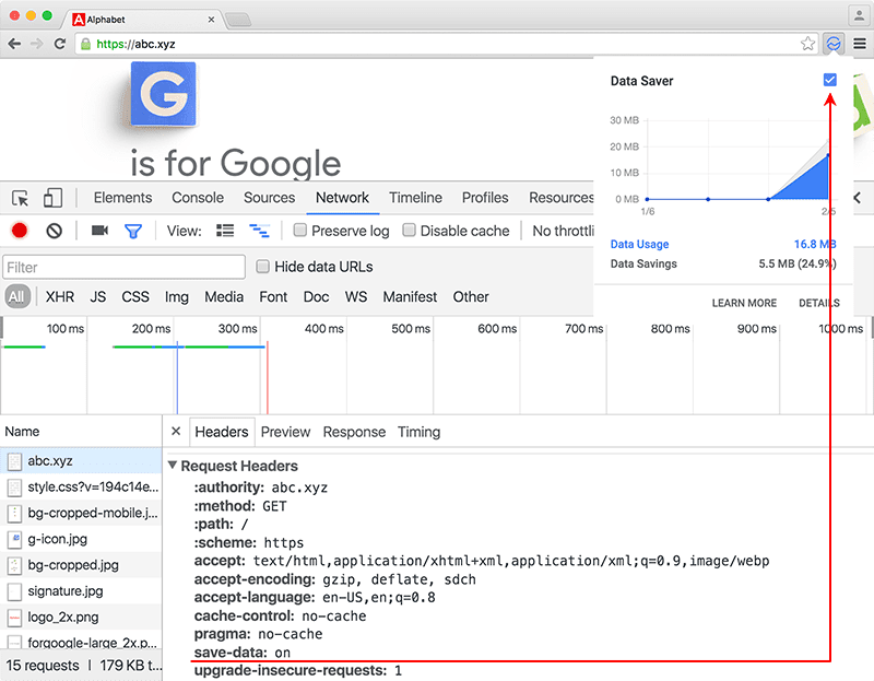 圖片顯示 Chrome 開發人員工具中顯示的「Save-Data」標頭,以及「Data Saver」擴充功能。