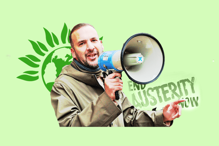 Man with megaphone, advocating to end austerity.