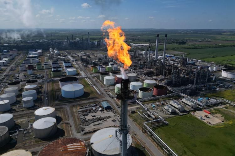 Aerial view of the Prax Lindsey Oil Refinery in Immingham, UK.