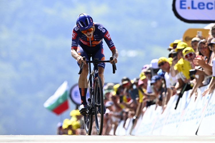 Oscar Onley of Team Picnic PostNL cycling in the Tour de France.