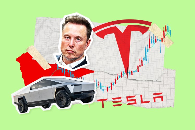 Collage of Elon Musk, Tesla logo, Tesla Cybertruck, and stock chart.